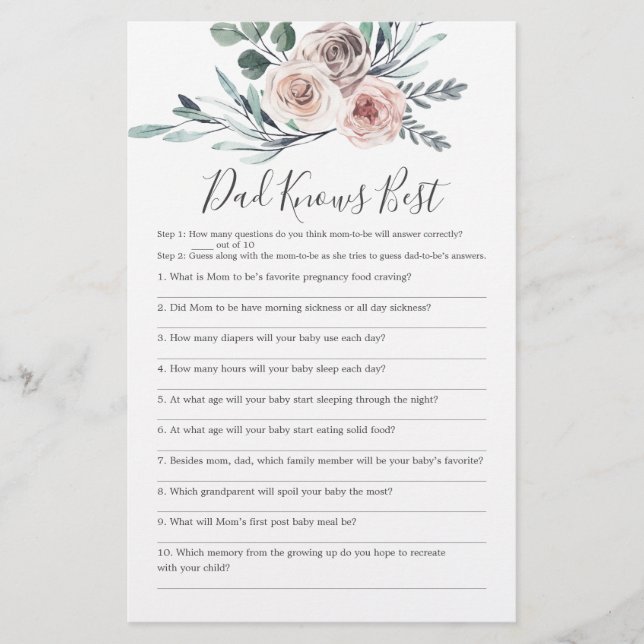 Boho Rose Baby Shower Dad Knows Best Game (Front)