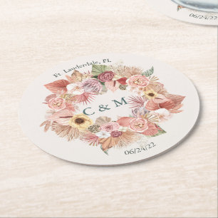 Boho Rose Beige Green Floral Paper Coaster