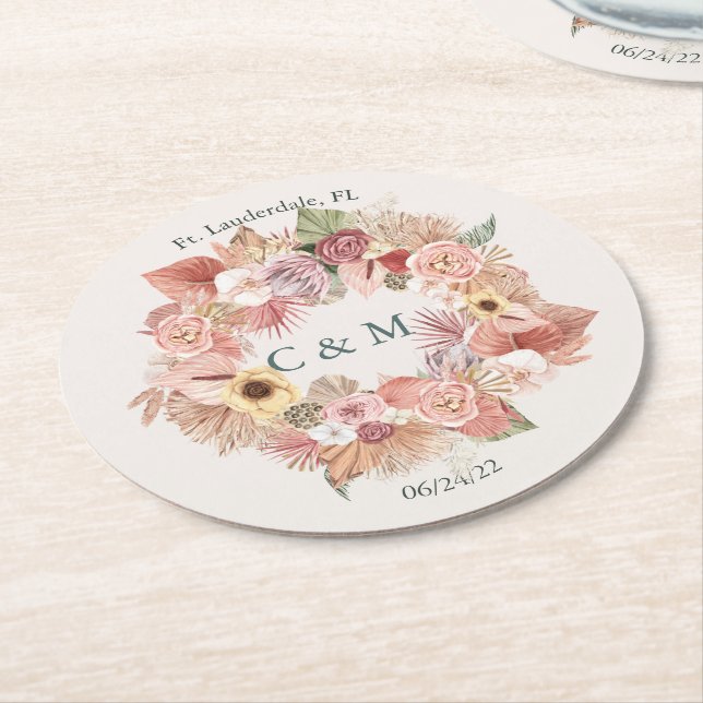 Boho Rose Beige Green Floral Paper Coaster (Angled)