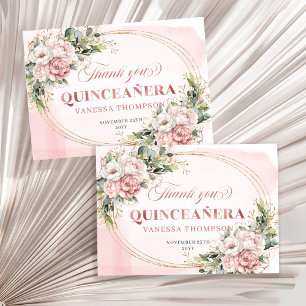 Boho Rose Gold Blush Floral Greenery Mis Quince Thank You Card