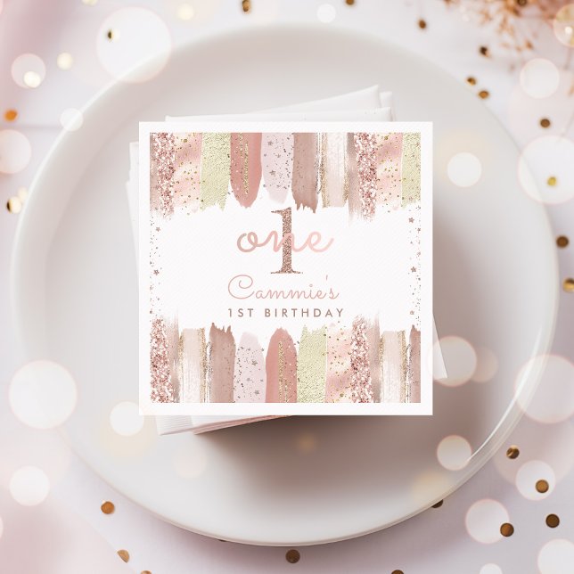 Boho Rose Gold Blush Rainbow 1st Birthday Party Napkin (Creator Uploaded)