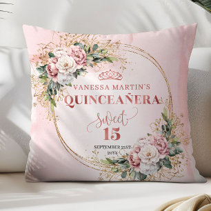 Boho Rose Gold Floral Greenery Mis Quince Birthday Cushion