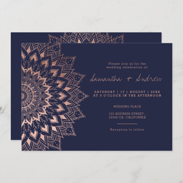 Boho rose gold floral lace mandala navy wedding invitation (Front/Back)
