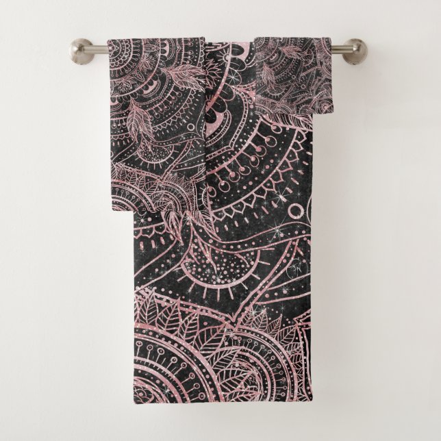 Boho Rose Gold Gray Mandala Elegant Design Bath Towel Set (Insitu)
