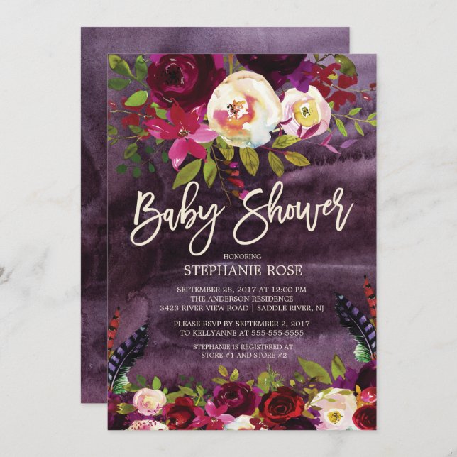 Boho Rose Purple Floral Baby Shower Invitation (Front/Back)