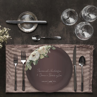 Boho Roses and Elegant Burgundy Wedding Paper Plate