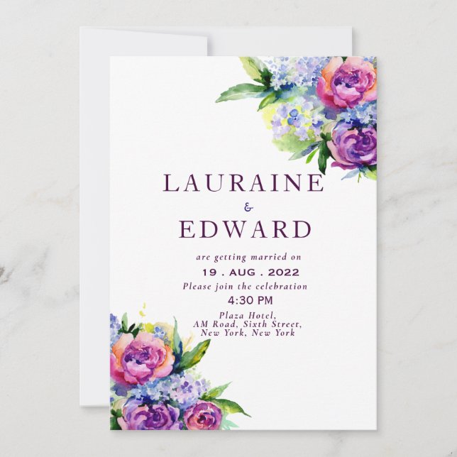 Boho Roses and peonies purple watercolor bouquet  Invitation (Front)