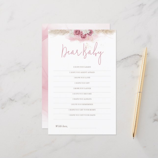 Boho Roses Baby Shower Game Dear Baby Wishes Card (Front/Back In Situ)