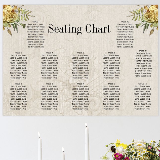 Boho Roses Cream Damask Rustic Wedding Seating Poster (Creator Uploaded)