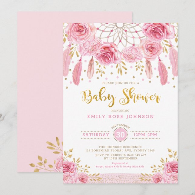 Boho Roses Dreamcatcher Pink Gold Girl Baby Shower Invitation (Front/Back)