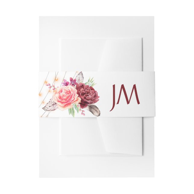 Boho Roses Feathers Lights Monogram Wedding Invitation Belly Band (Front Example)