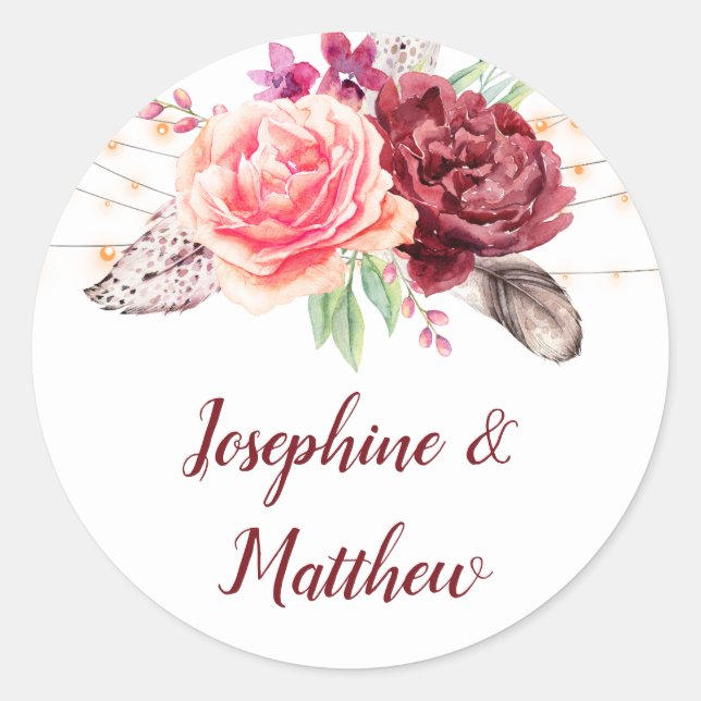 Boho Roses Feathers Lights Wedding Classic Round Sticker (Front)