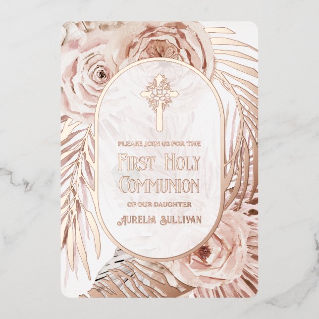Boho Roses Floral Cross First Holy Communion Foil (Front)