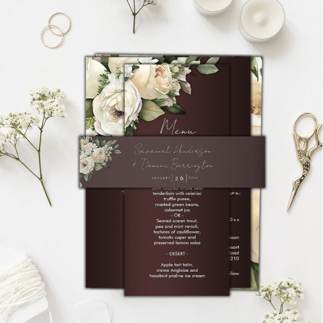 Boho Roses on Elegant Burgundy Wedding Invitation Belly Band (Creator Uploaded)