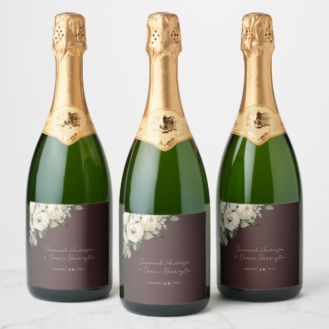 Boho Roses on Marsala Wedding  Sparkling Wine Label (Bottles)