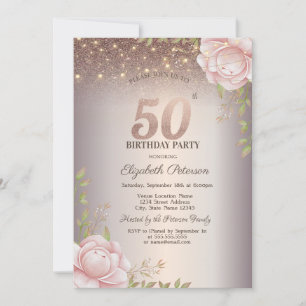 Boho Roses,String Lights Glitter 50th Birthday Invitation