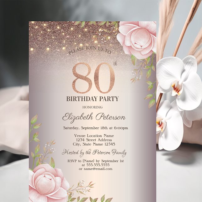 Boho Roses,String Lights Glitter 80th Birthday Invitation (Creator Uploaded)