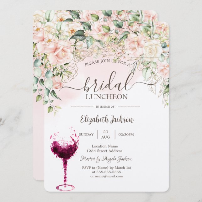 Boho Roses,Wine Glass Bridal Luncheon Invitation (Front/Back)