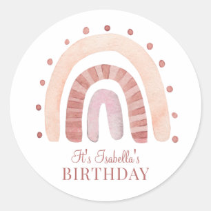 Boho Rosy Pink Brown Rainbow Kid's Birthday Party Classic Round Sticker