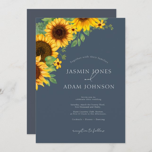 Boho Royal Blue Opulence Sunflowers Wedding Invitation (Front/Back)