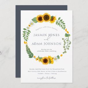 Boho Royal Blue Opulence Sunflowers Wedding Invitation