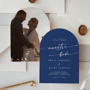 Boho Royal Blue Photo Arch Spanish Wedding Invitation