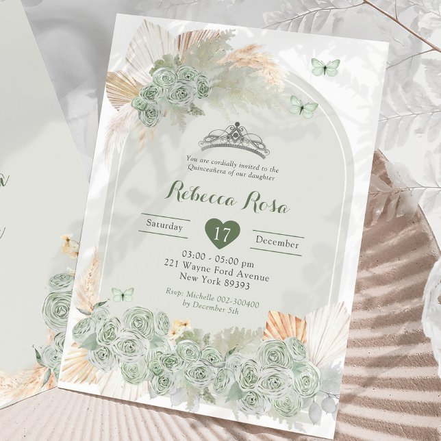 Boho Royal Crown Sage Green Princess Quinceañera Invitation (Creator Uploaded)