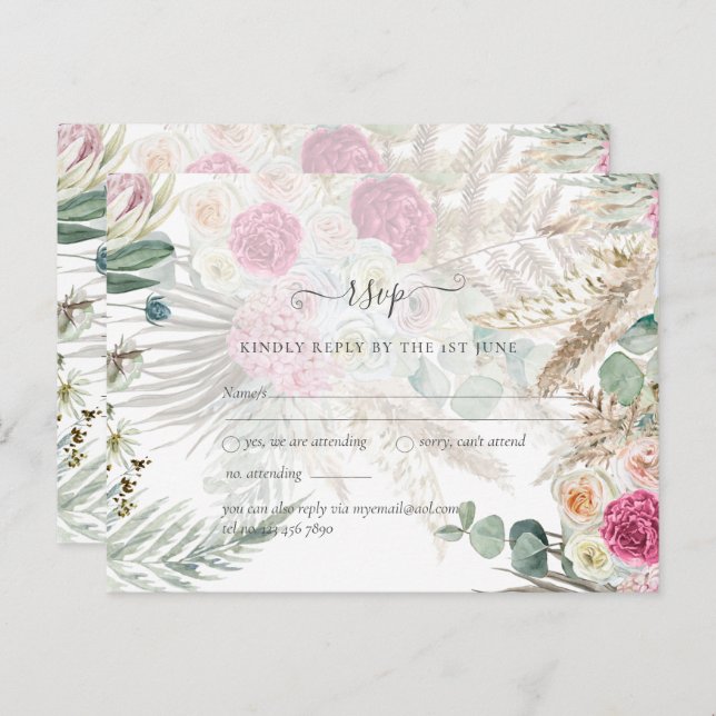 BOHO RSVP Pink Floral Pampas Grass Wedding Postcard (Front/Back)