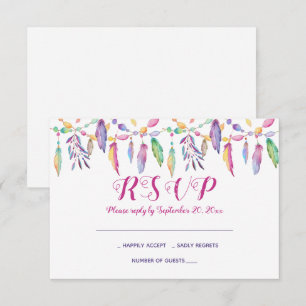 Boho RSVP Purple Wedding Feathers Native American Invitation
