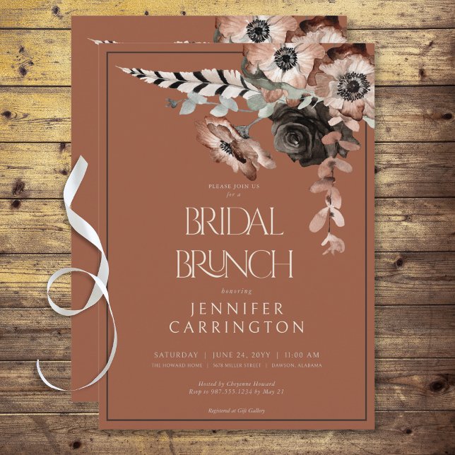 Boho Rust Black & White Flowers Bridal Brunch Invitation (Boho Rust Black & White Flowers Bridal Brunch Invitation)