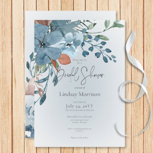 Boho Rust & Blue Floral on White Bridal Shower Invitation