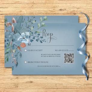 Boho Rust & Blue Floral Wedding Blue QR Code RSVP Card