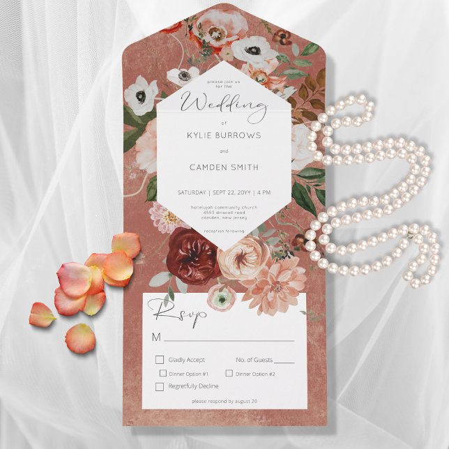 Boho Rust Burgundy Fall Floral Dinner All In One Invitation (Available with a QR code or without dinner selection options.)