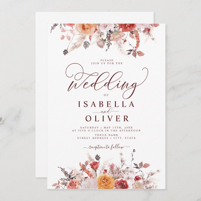 Boho Rust Burnt Orange  Terracotta Marsala Wedding Invitation (Front/Back)