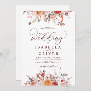 Boho Rust Burnt Orange  Terracotta Marsala Wedding Invitation
