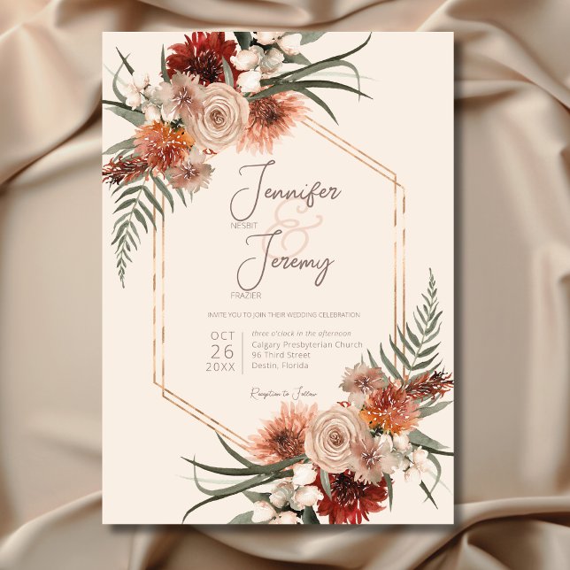 Boho Rust & Cream Fall Floral Wedding Invitation (Creator Uploaded)