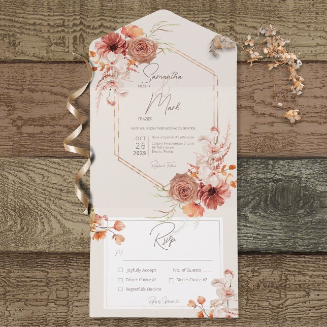 Boho Rust Fall Floral on Cream Dinner All In One Invitation (Creator Uploaded)