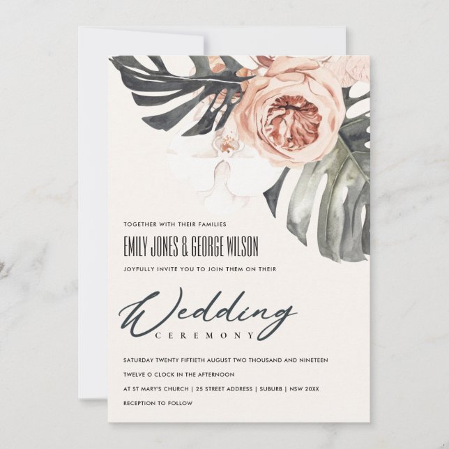 BOHO RUST FLORAL MONSTRERA LEAF WEDDING INVITE (Front)