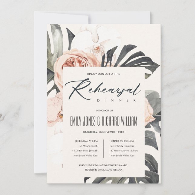 BOHO RUST FLORAL MONSTRERA REHERSAL DINNER INVITE (Front)