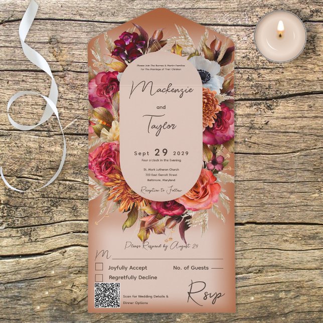 Boho Rust Modern Floral Wreath QR Code All In One Invitation (Creator Uploaded)