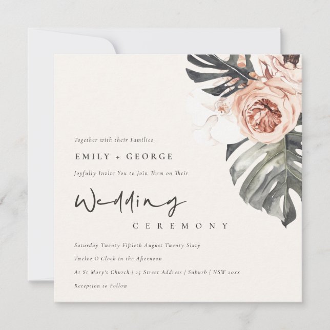 BOHO RUST MONSTRERA WATERCOLOR FLORAL WEDDING INVITATION (Front)