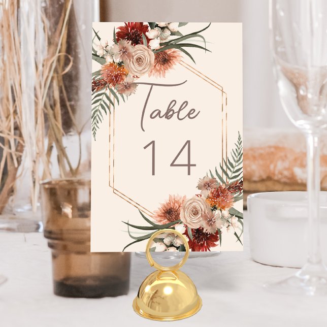 Boho Rust & Neutral Cream Fall Floral Wedding Table Number (Creator Uploaded)