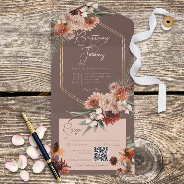 Boho Rust & Neutral Fall Floral Brown QR Code All In One Invitation (Creator Uploaded)