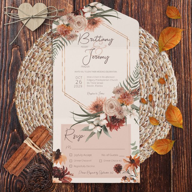 Boho Rust & Neutral Fall Floral Cream Dinner All In One Invitation (Creator Uploaded)