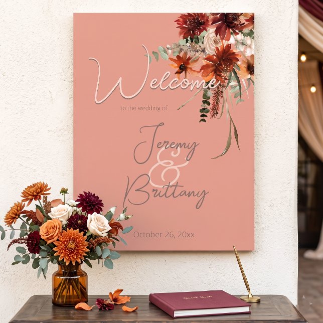Boho Rust & Neutral Fall Floral Peach Rust Wedding Poster (Creator Uploaded)