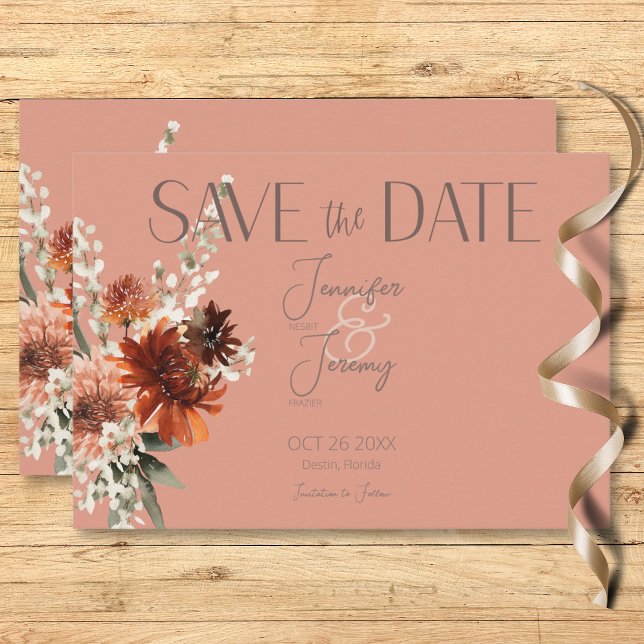 Boho Rust & Neutral Fall Floral Peach Rust Wedding Save The Date (Boho Rust & Neutral Peach Rust Fall Floral Wedding Save the Date Card)