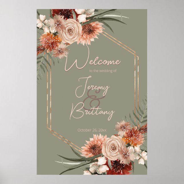 Boho Rust & Neutral Fall Floral Sage Green Frame Poster (Front)