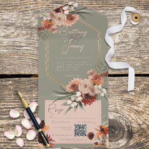 Boho Rust & Neutral Fall Floral Sage Green QR Code All In One Invitation