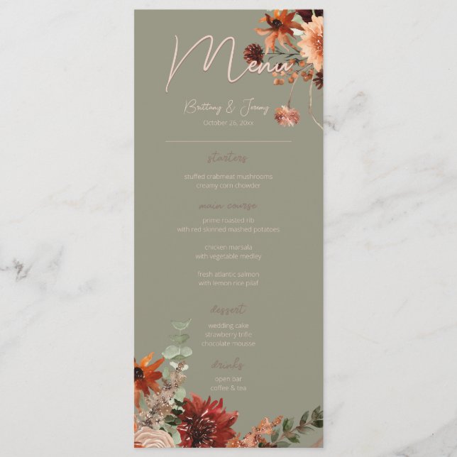 Boho Rust & Neutral Fall Floral Sage Green Script Menu (Front)