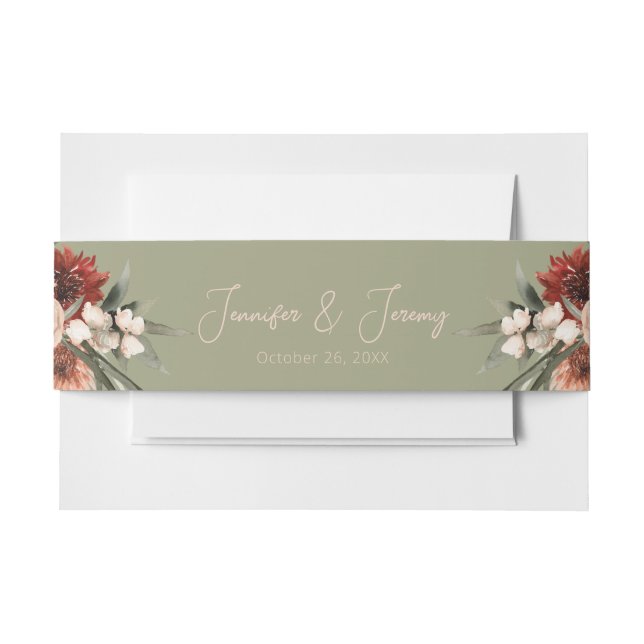 Boho Rust & Neutral Sage Fall Floral  Invitation Belly Band (Front Example)